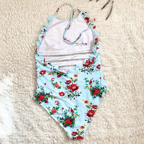 Cupshe Halter Scalloped blue and red floral one piece swimsuit w/ see thru mid - Picture 2 of 6